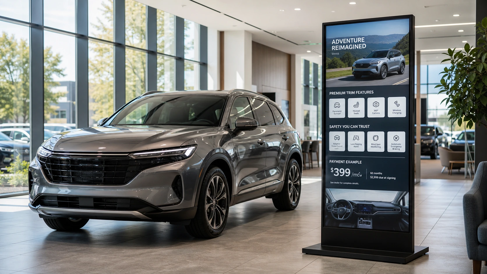 Bright car dealership showroom with a digital display beside a new SUV showing trim features and financing highlights