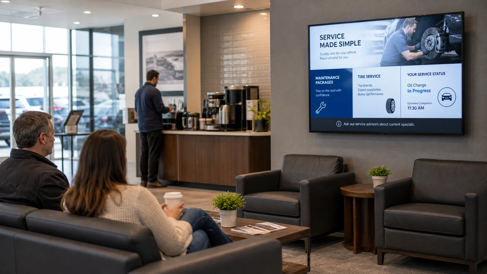Dealership service waiting lounge with a large screen promoting seasonal maintenance packages and service updates