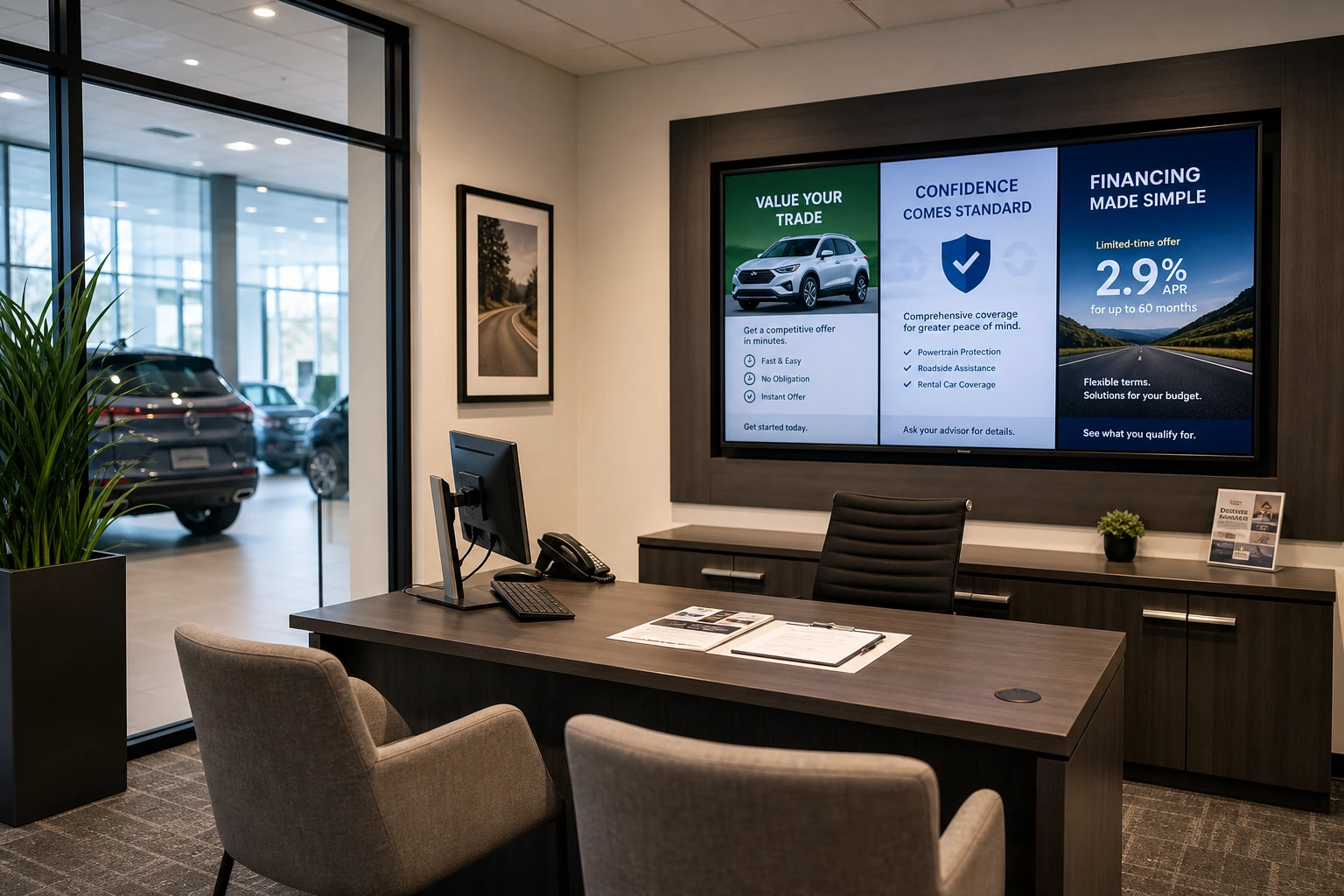 Finance and insurance office in a dealership with a digital display showing trade-in, warranty, and financing options