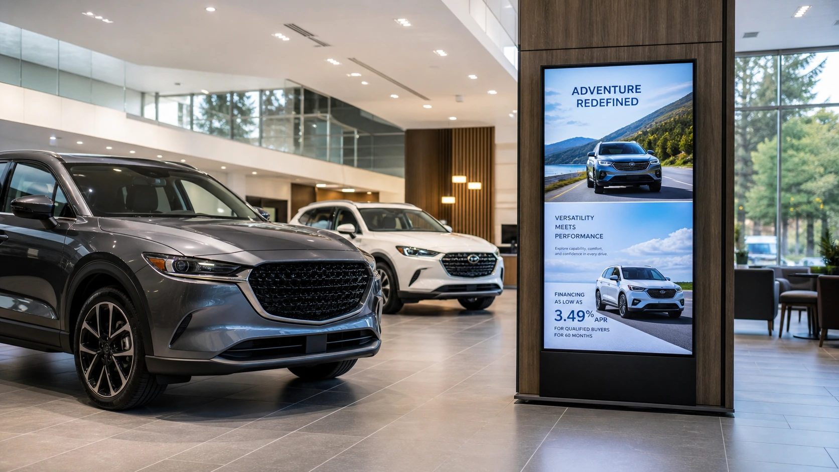 Modern car dealership showroom with a large digital display beside new vehicles