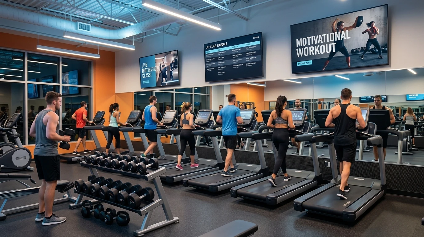 Modern gym floor with large wall-mounted digital screens showing a live class timetable and workout instructions above rows of treadmills