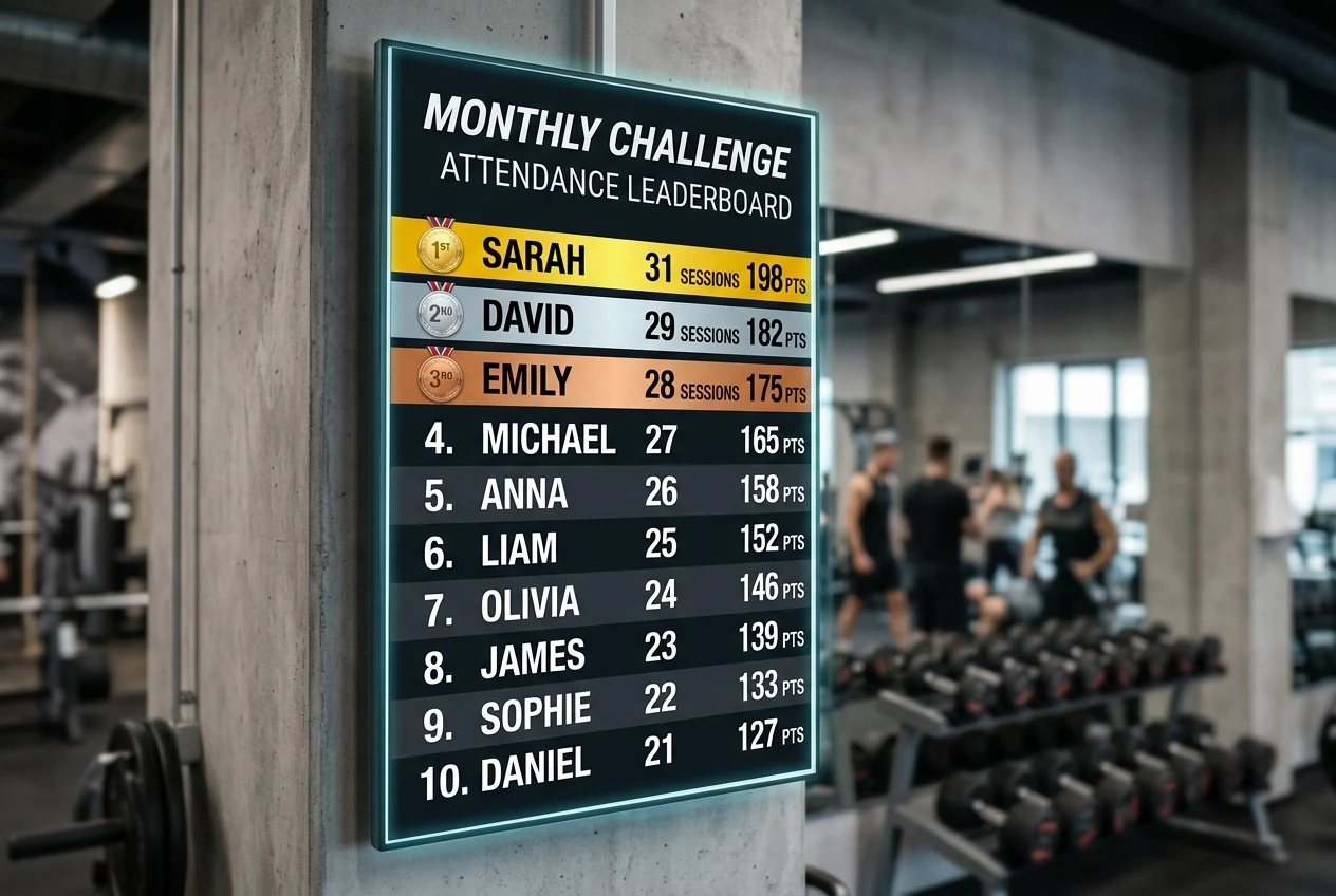 Close-up of a bright gym leaderboard screen mounted on a wall showing member rankings for a monthly attendance challenge with names and scores