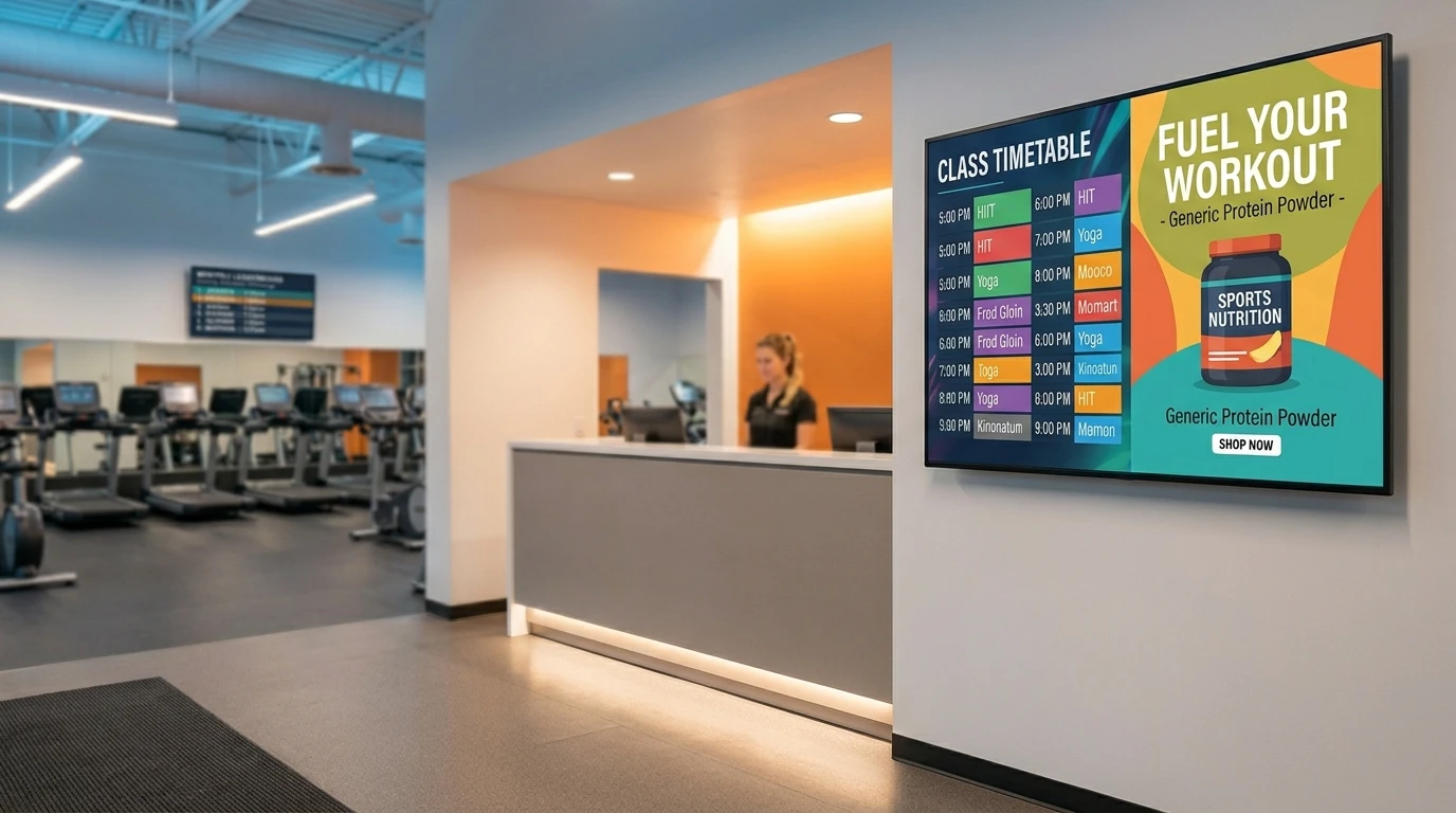 Gym reception lobby with a large digital display showing a local nutrition brand partnership promotion alongside the gym's weekly class schedule