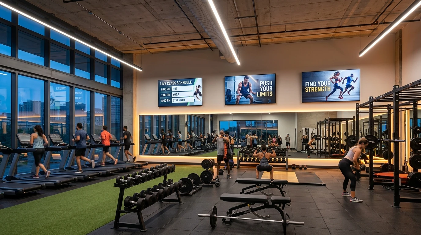 Wide-angle view of a modern gym floor with large digital screens displaying workout classes and motivational content