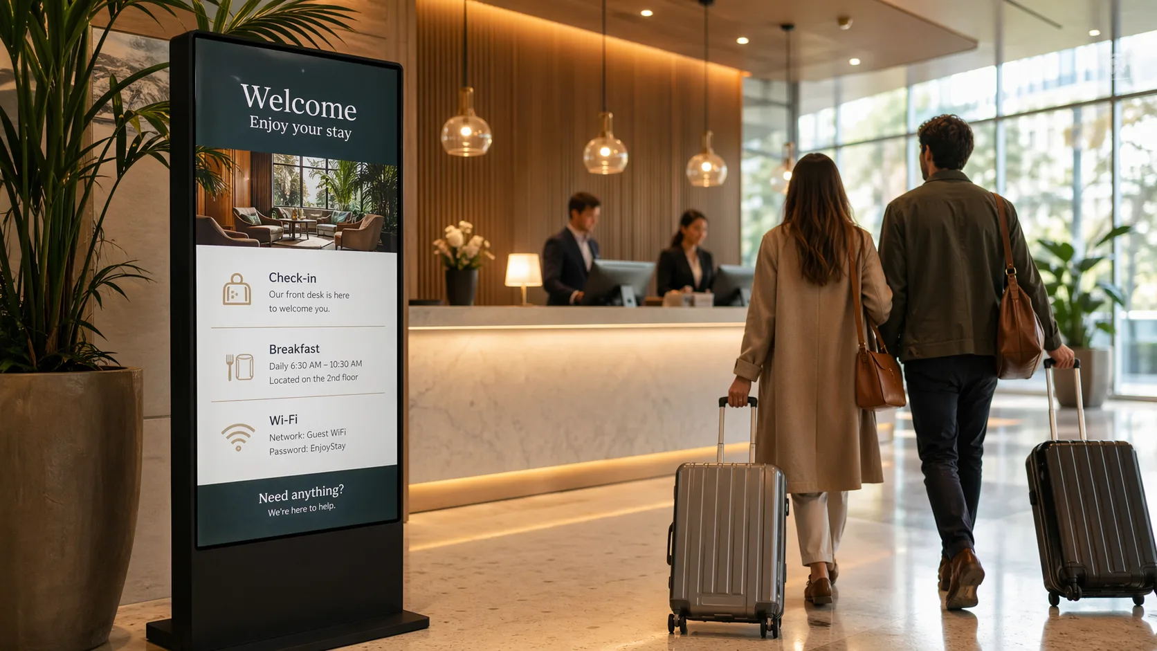 Contemporary hotel lobby with a large digital welcome display showing check-in guidance and amenity hours near reception