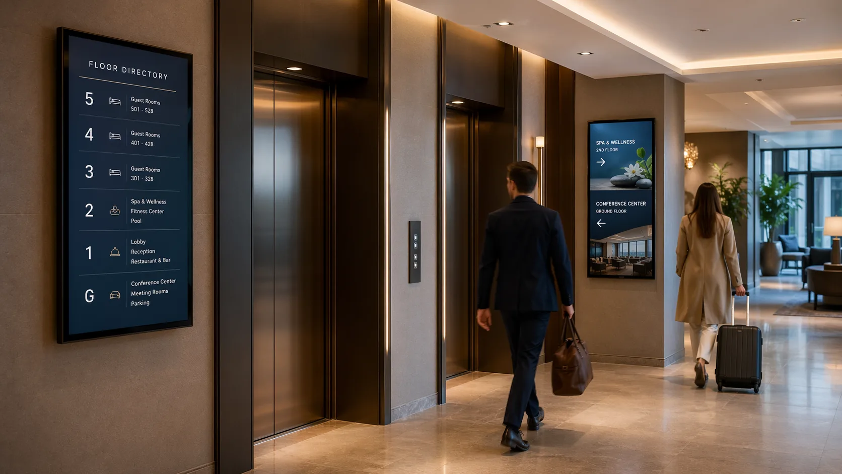 Hotel elevator lobby with elegant digital wayfinding screens showing guest room directions, spa location, and conference room assignments