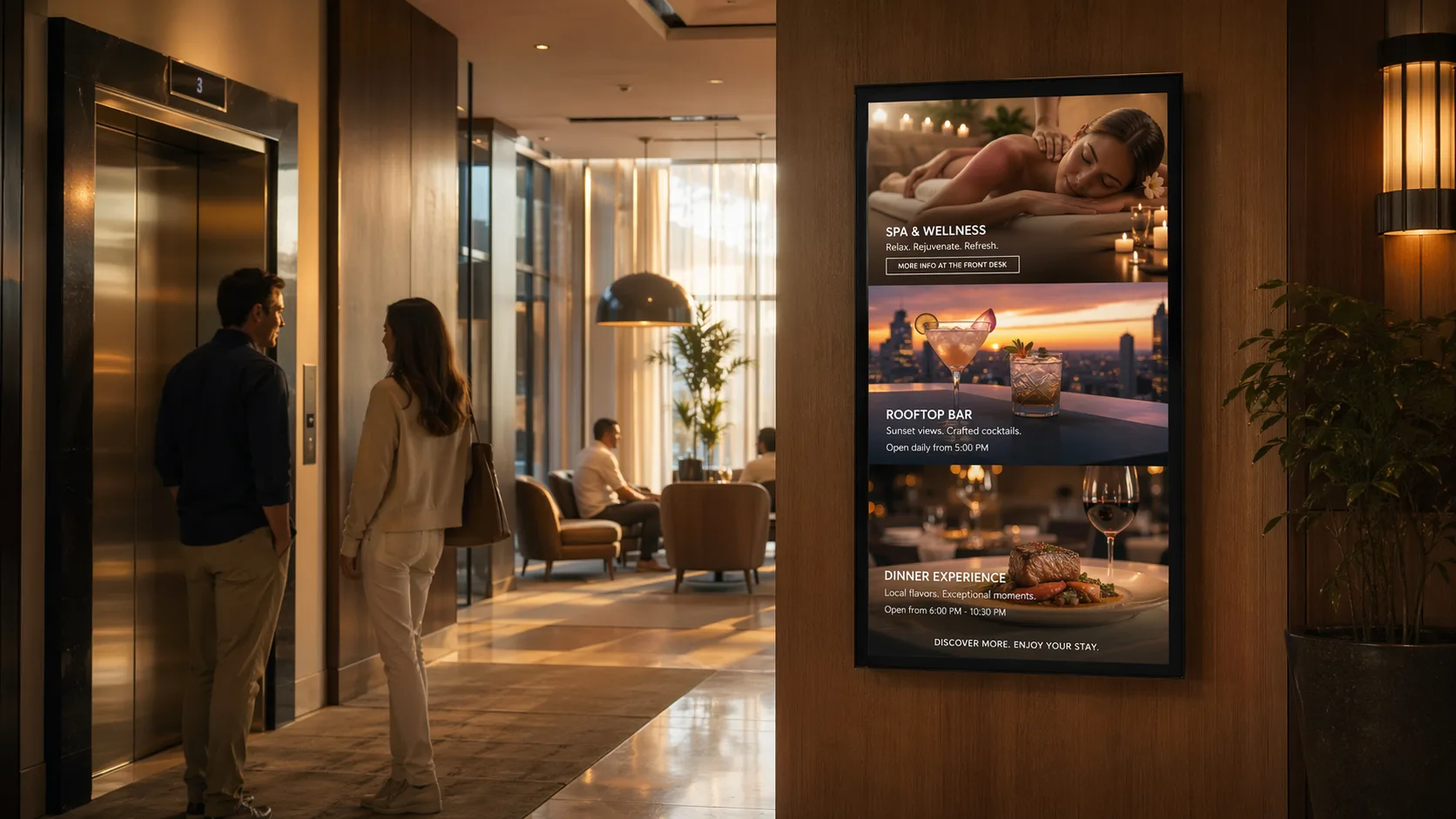 Elegant hotel corridor display promoting spa treatments, rooftop cocktails, and dining offers near an elevator waiting area