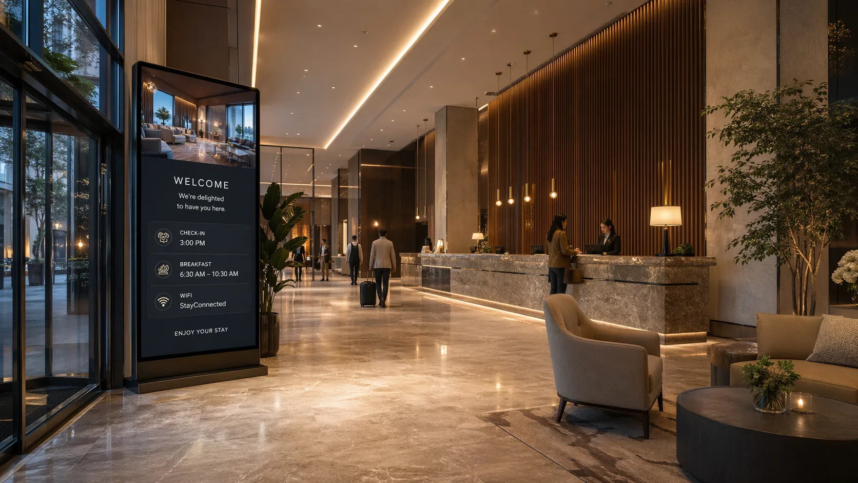 Modern hotel lobby with a large digital welcome screen near reception and elevators