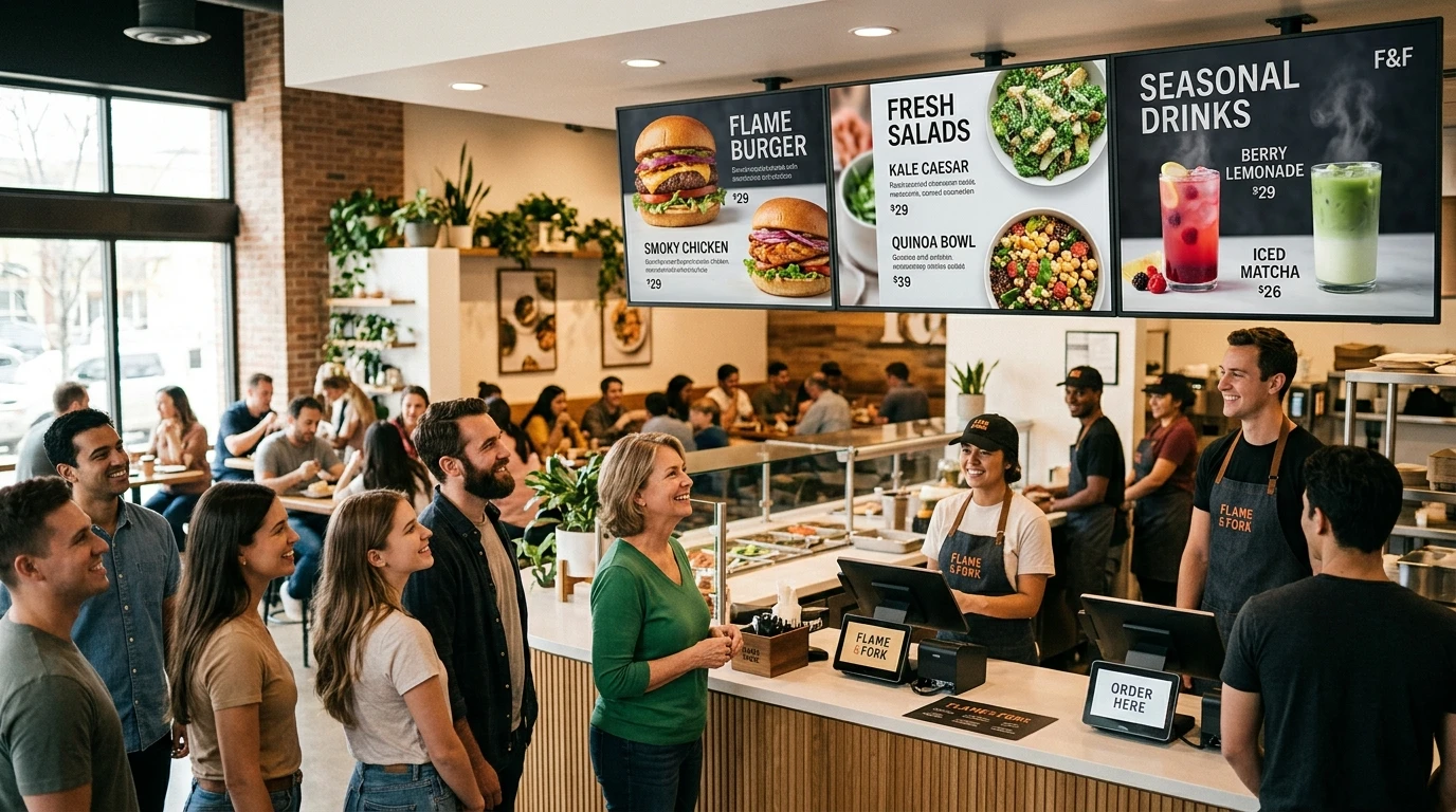 A warm fast-casual restaurant lunch rush with three large ultra-high-definition digital menu boards above the counter showing vibrant food photography