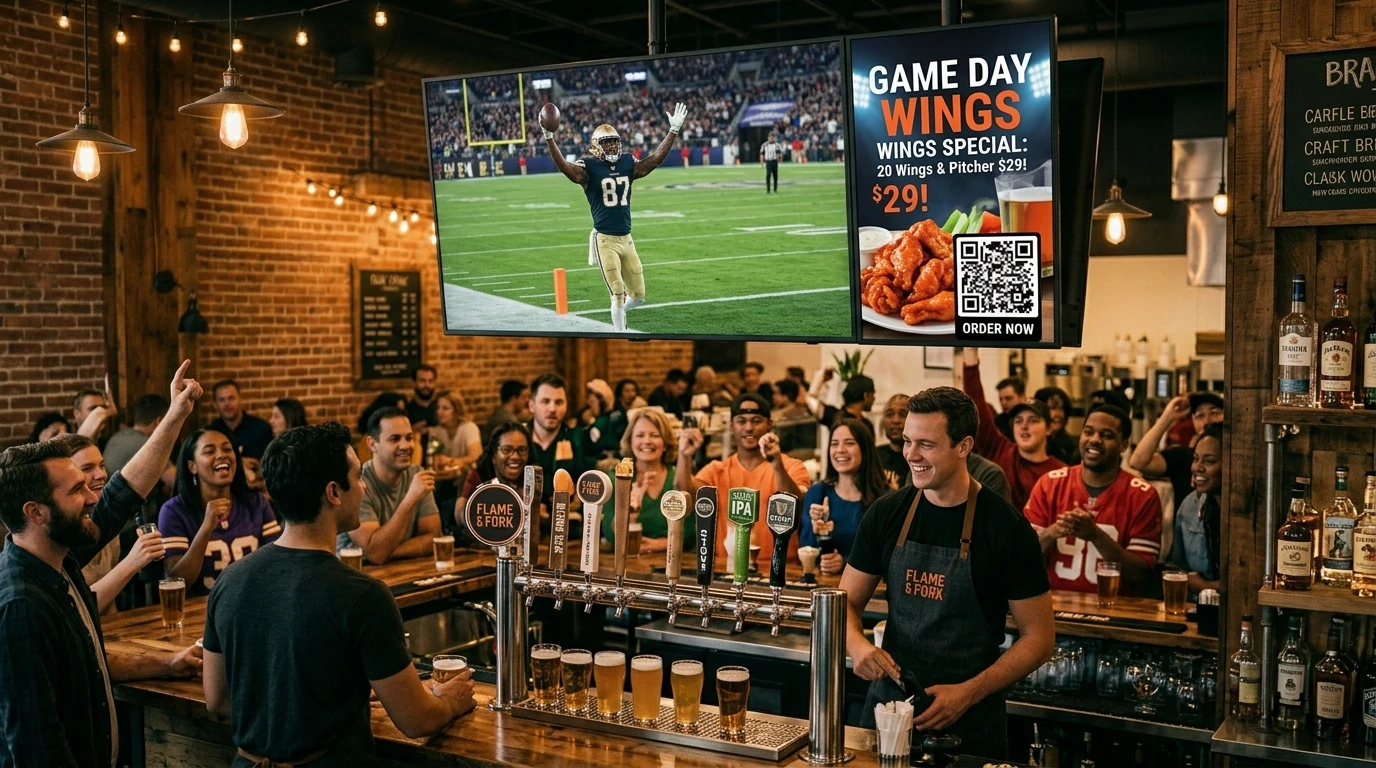 Lively sports bar with a live match on a TV above the bar and a digital display promoting a game-day wings special with a QR code