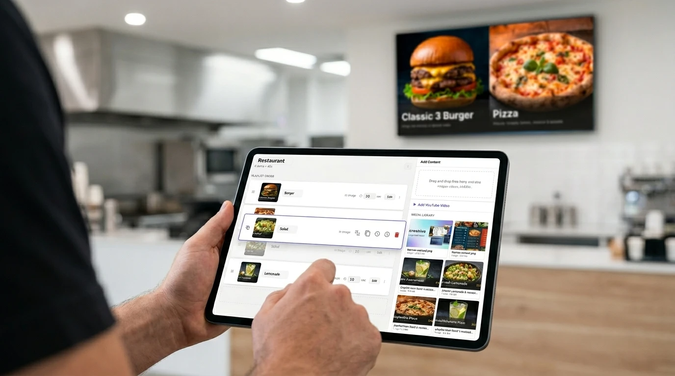 Close-up of a restaurant owner's hands holding a tablet showing a digital signage dashboard with screen thumbnails and playlist items