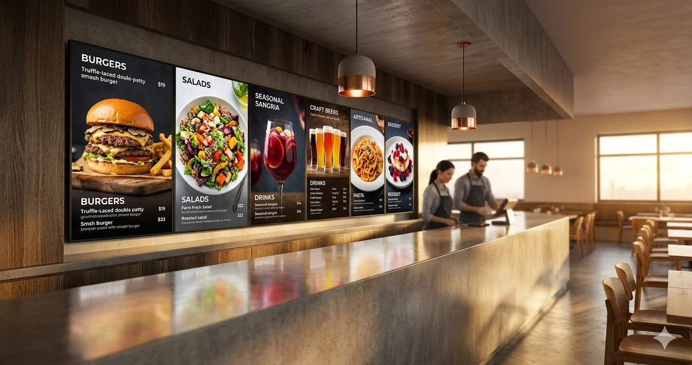 Modern digital menu boards behind a fast-casual restaurant counter