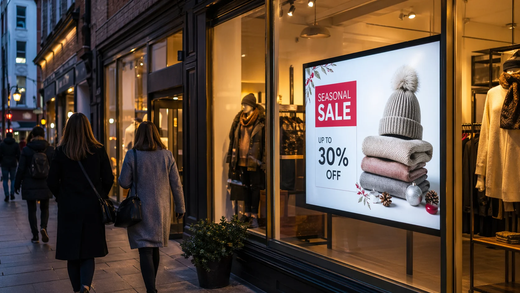 Boutique shop window at dusk with a bright digital display advertising a seasonal sale to pedestrians