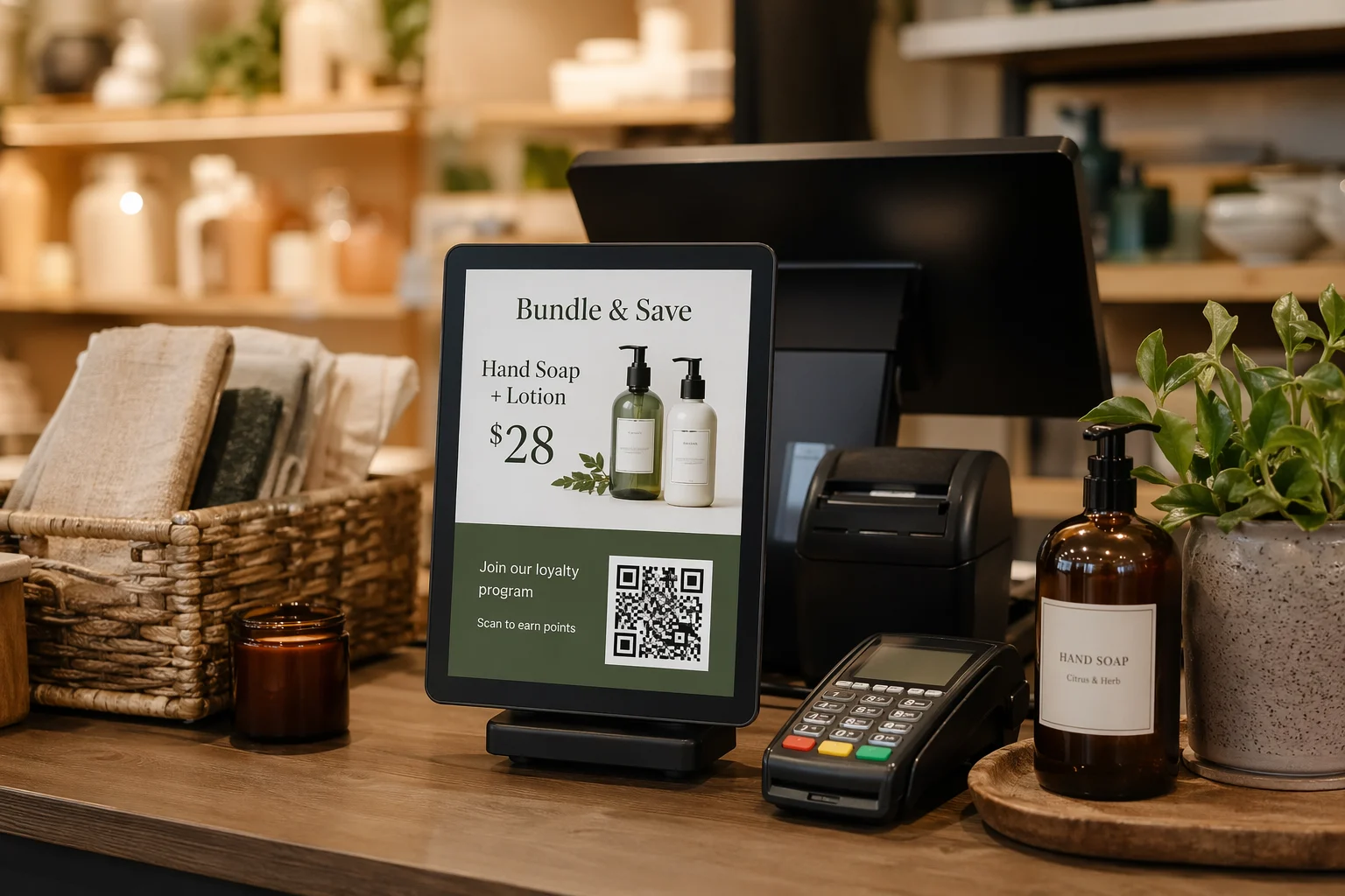 Small retail checkout counter with a compact digital display promoting a bundle offer and loyalty QR code